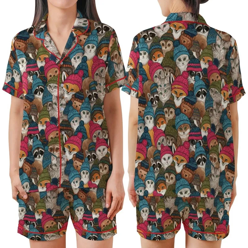 Animal Lovers' All-Over Whimsical Winter Cats Foxes Owls Colorful Knitted Beanie Pattern Satin Short-Sleeve Pajamas Set - 1