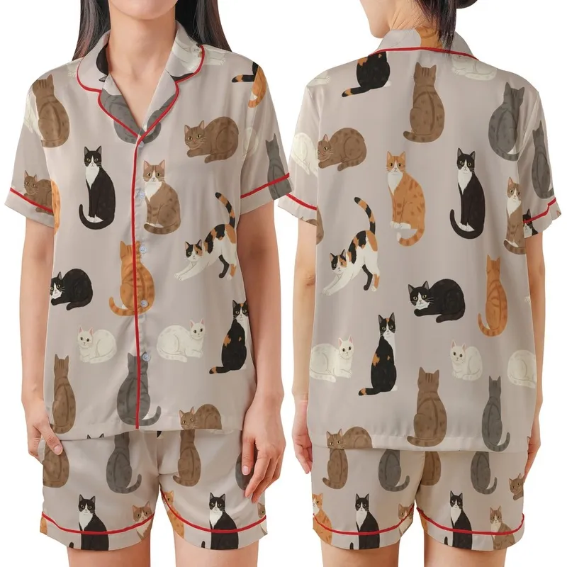 Cat Lovers' Whimsical Painterly Cat Pattern with Diverse Calico Tabby Tuxedo Felines on Soft Beige-Pink Satin Short-Sleeve Pajamas Set - 1