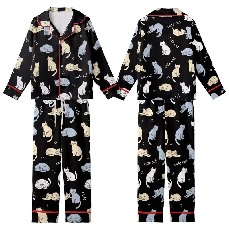 Cat Lovers' Seamless Black Playful Cartoon Cats Beige Blue-Grey Flat Art Whimsical 'Cute Cat' Pattern Kid Satin Pajamas Set - 1