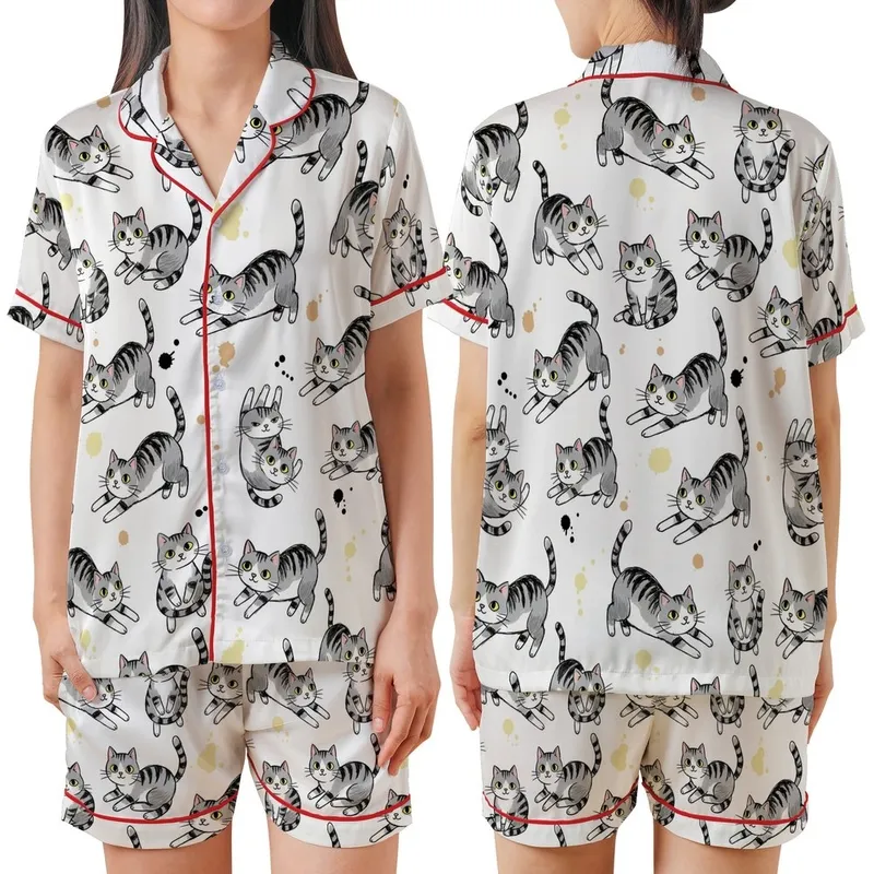 Cat Lovers' Whimsical Smiling Cartoon Kittens Black White Grey Striped Shaggy Fur Ink Splatter Sketch Art Satin Short-Sleeve Pajamas Set - 1