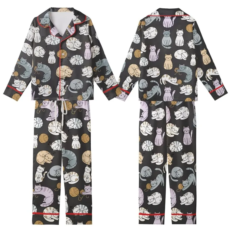 Cat Lovers' Whimsical Cartoon Cats Seamless All-Over Pattern Deep Black Soft Grey Blue Lavender Pink Kid Satin Pajamas Set - 1