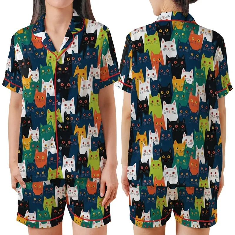 Cat Lovers' Whimsical Folk Art Cats Dense Pattern Hand-Drawn Illustrative Peeking Feline Faces Black Blue White Orange Teal Yellow Pink Satin Short-Sleeve Pajamas Set - 1