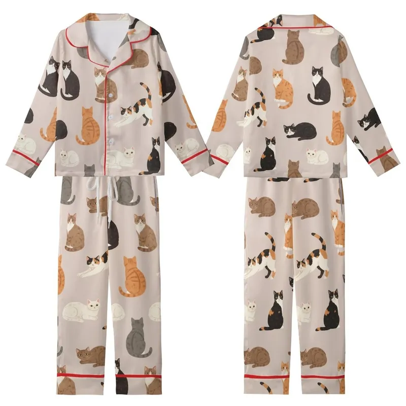 Cat Lovers' Whimsical Painterly Cat Pattern with Diverse Calico Tabby Tuxedo Felines on Soft Beige-Pink Kid Satin Pajamas Set - 1