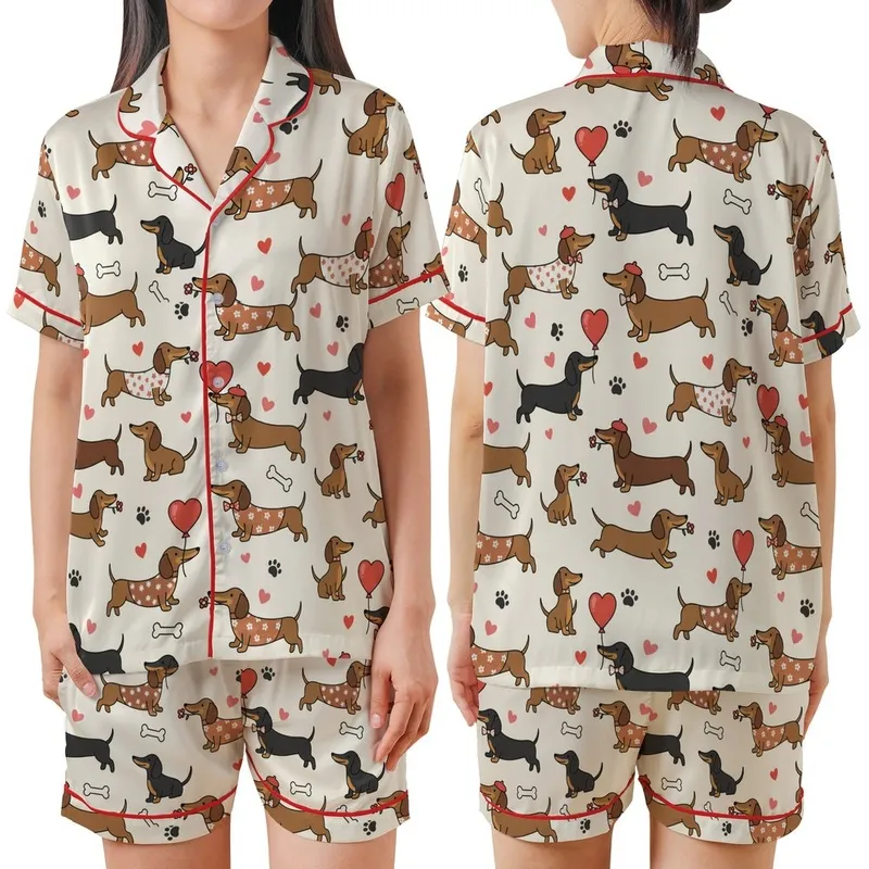 Dachshund Lovers' Whimsical Cartoon Brown Black Dachshunds, Red Pink Hearts & Playful Poses Cream Pattern Satin Short-Sleeve Pajamas Set - 1