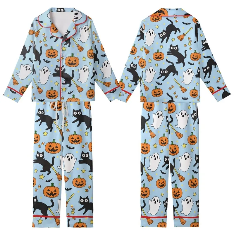 Whimsical Lovers' Playful Black Cat Ghost Jack-o'-Lantern Bat Broom Candy Corn Pattern on Sky Blue Kid Satin Pajamas Set - 1