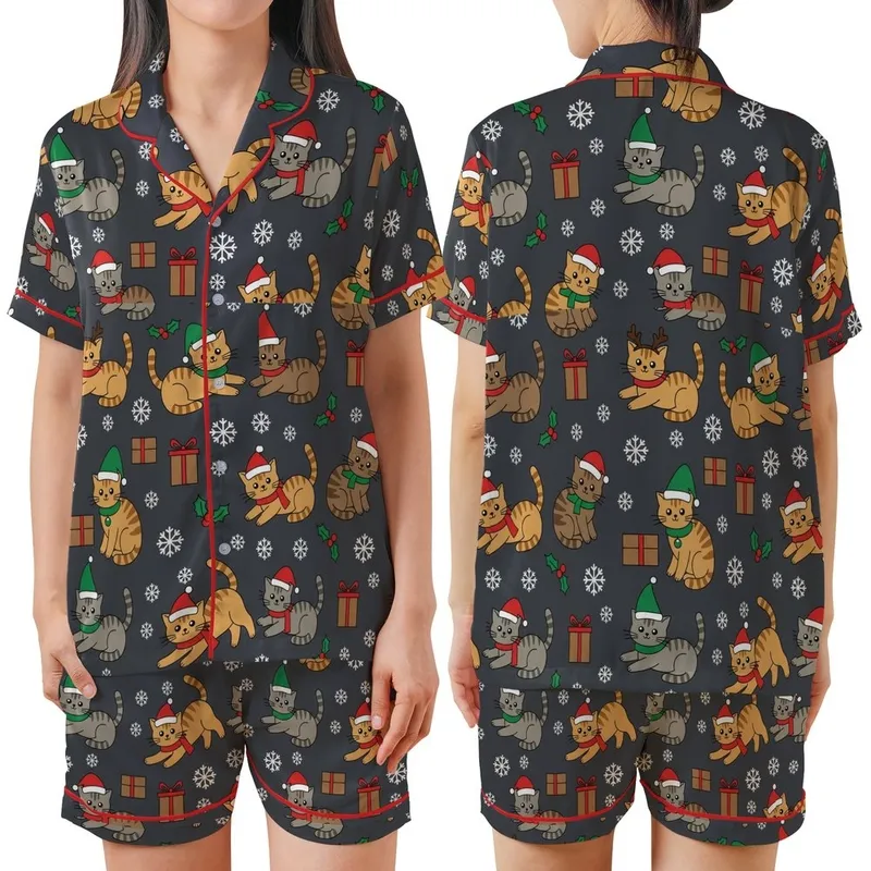 Cat Lovers' Whimsical Flat Cartoon Kittens Festive Christmas Santa Hats Snowflakes Dark Grey Pattern Satin Short-Sleeve Pajamas Set - 1