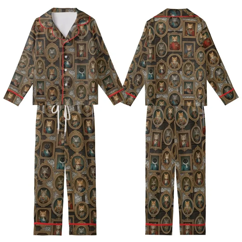 Cat Lovers' Painterly Antique Feline Royalty Gallery Wall with Ornate Gold Frames, Damask & Deep Hues Kid Satin Pajamas Set - 1