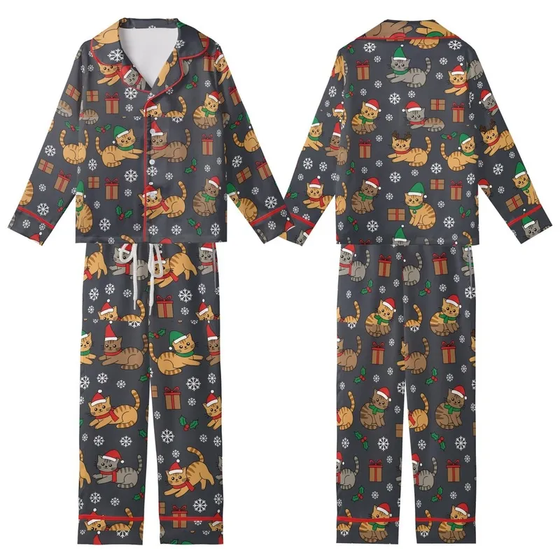 Cat Lovers' Whimsical Flat Cartoon Kittens Festive Christmas Santa Hats Snowflakes Dark Grey Pattern Kid Satin Pajamas Set - 1