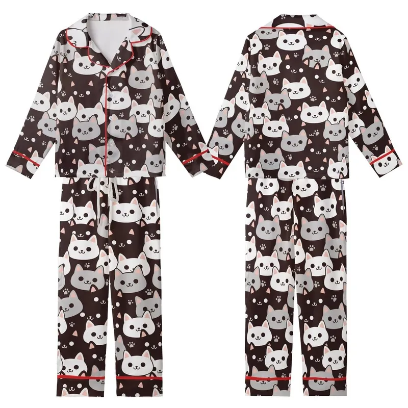 Cat Lovers' Playful Cartoon Feline Faces Seamless Pattern Dark Brown White Pink Kid Satin Pajamas Set - 1