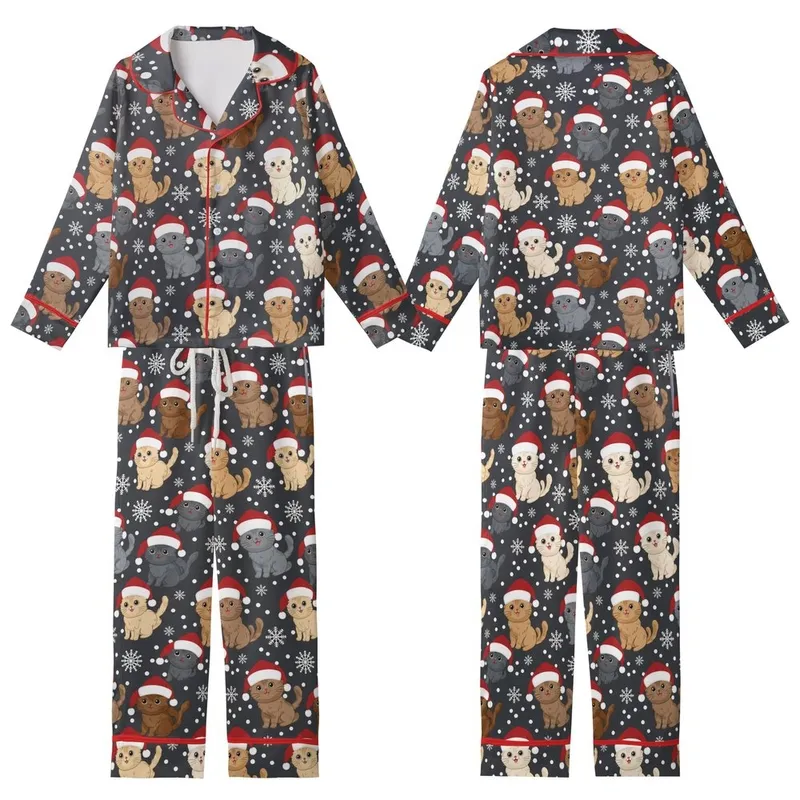 Cat Lovers' Realistic Fluffy Kittens Christmas Red Santa Hats Snowflakes All-Over Design Kid Satin Pajamas Set - 1