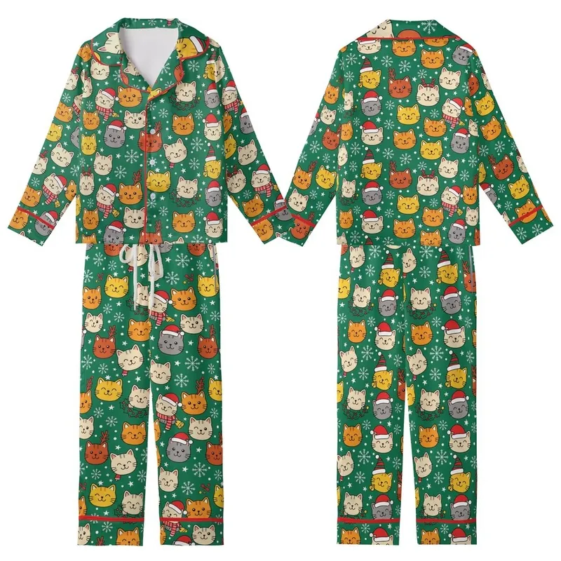 Cat Lovers' Vibrant Emerald Green Flat Graphic Cartoon Cat Faces Festive Santa Elf Hat Antlers Snowflakes Pattern Kid Satin Pajamas Set - 1