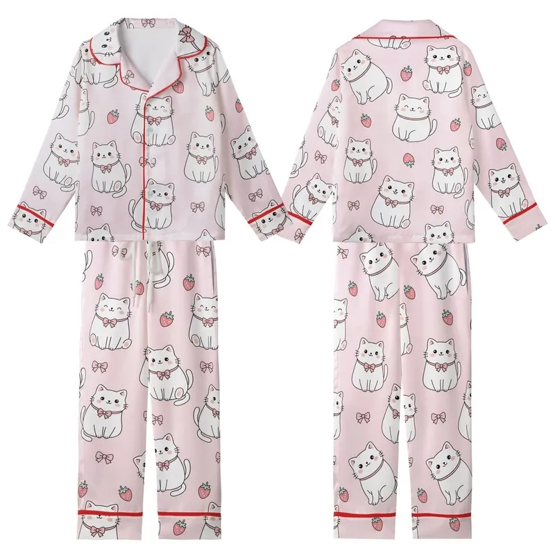 Cat Lovers' Adorable Plump Pastel Pink Cartoon Cats Strawberry Bow Pattern Kid Satin Pajamas Set - 1