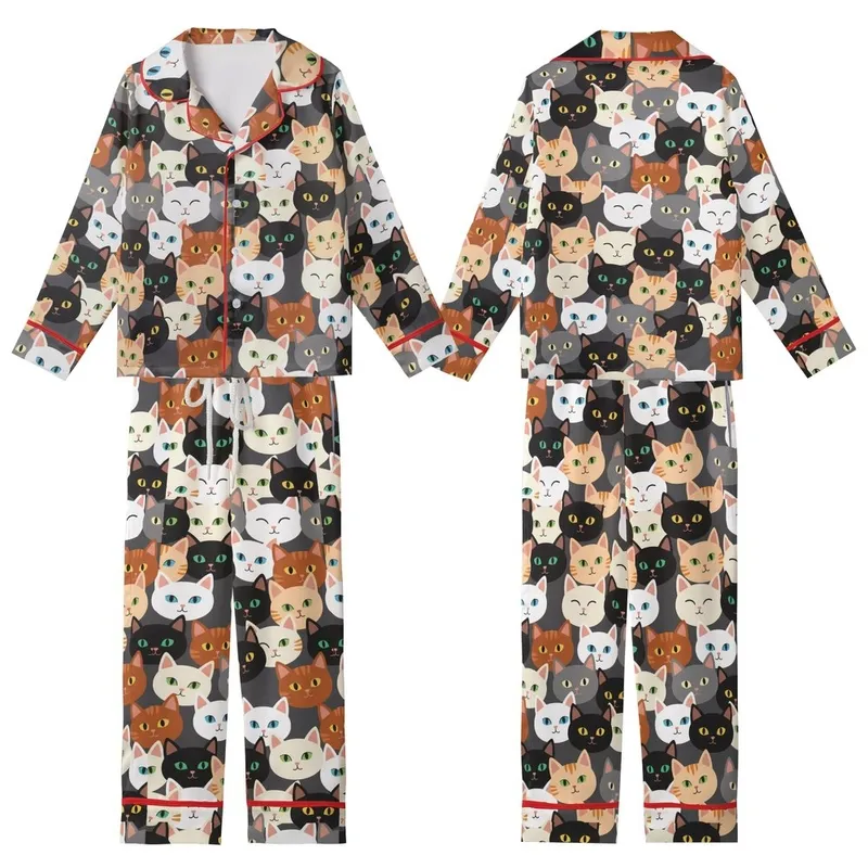 Cat Lovers' Whimsical Seamless Diverse Cat Faces Pattern Deep Charcoal Grey White Black Ginger Felines Kid Satin Pajamas Set - 1