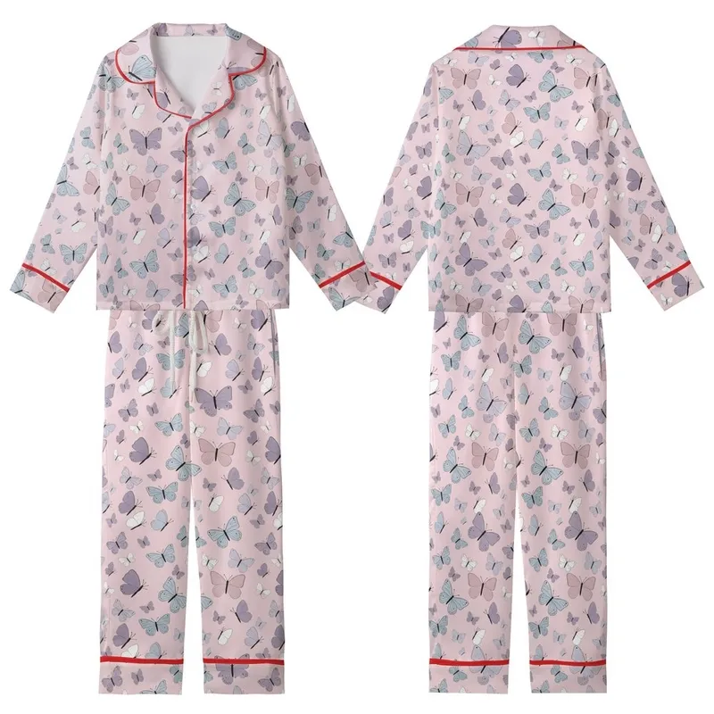Women's Intricate Pastel Pink Illustrative Butterfly Scatter with Blue, Lavender, Grey, Mauve Accents Kid Satin Pajamas Set - 1