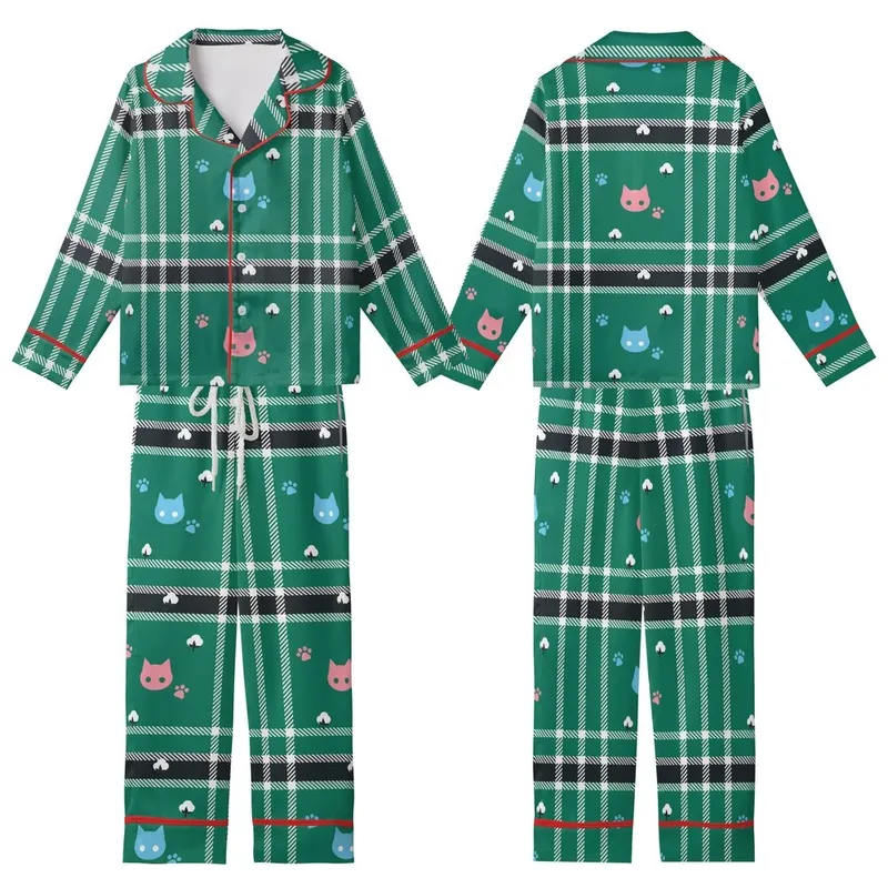 Cat Lovers' Bold Green Black White Tartan Plaid Pink Blue Stylized Cat Heads & Paw Prints Graphic Kid Satin Pajamas Set - 1
