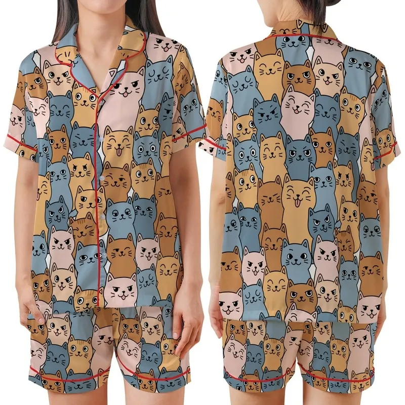 Cat Lovers' All-Over Seamless Cute Expressive Cartoon Cats Pattern, Flat Vector Art, Peach, Blue, Caramel, Pink on White Satin Short-Sleeve Pajamas Set - 1
