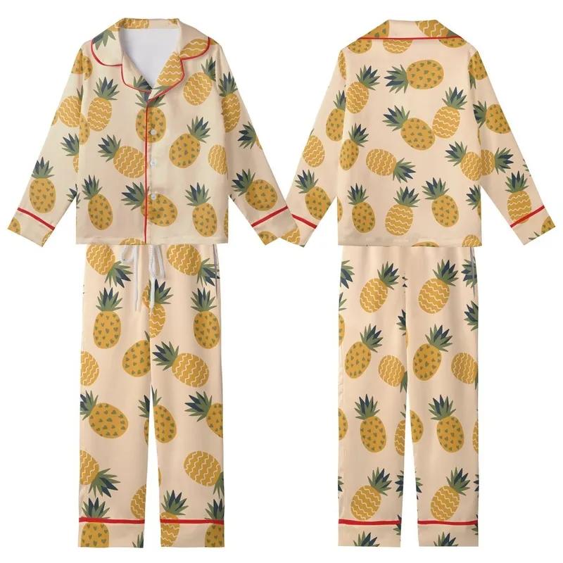 Playful Tropical Design: Golden Pineapples, Olive Hearts on Pale Peach - Fabric Art Kid Satin Pajamas Set - 1