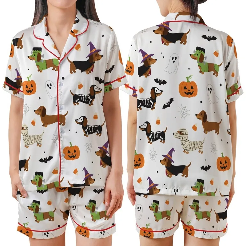 Dachshund Lovers' Whimsical Halloween Dachshund Costumes Pattern with Skeletons, Witches, Bats, Pumpkins, & Ghosts in Orange, Purple, Green Satin Short-Sleeve Pajamas Set - 1
