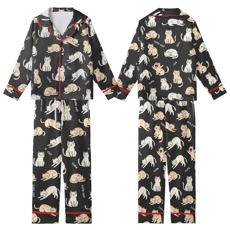 Cat Lovers' Charcoal Black Playful Sleepy Cartoon Cat Pattern Pale Off-White & Beige Kittens White 'cute cat' Text Kid Satin Pajamas Set - 1