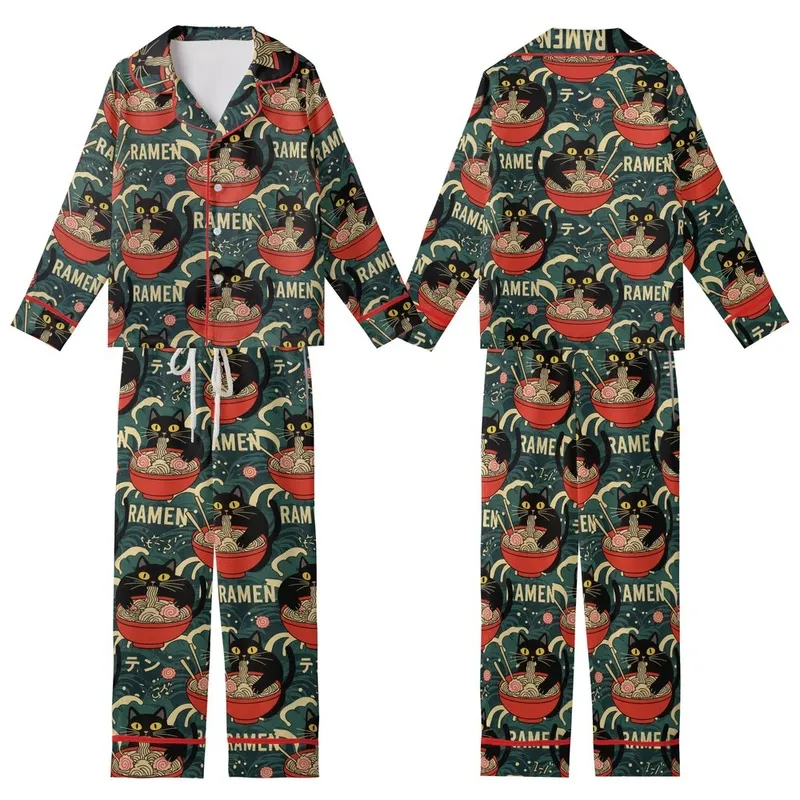 Cat & Ramen Lovers' Vintage Japanese Black Cat Red Ramen Ukiyo-e Teal Wave Pattern Kid Satin Pajamas Set - 1