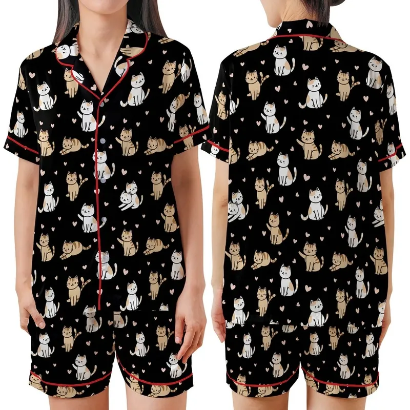 Cat Lovers' Cute Cartoon Cats Tan Striped White Orange Pink Hearts Black Pattern Satin Short-Sleeve Pajamas Set - 1