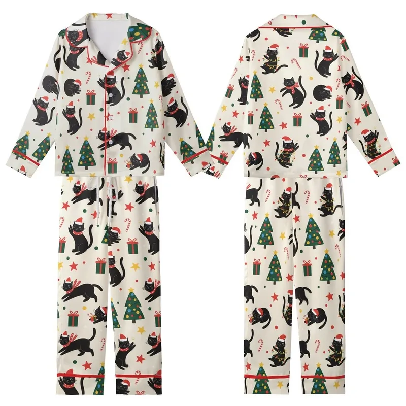 Festive Cat Lovers' Whimsical Black Cat Holiday Pattern with Red Santa Hats, Green Lights & Christmas Trees on Cream Kid Satin Pajamas Set - 1
