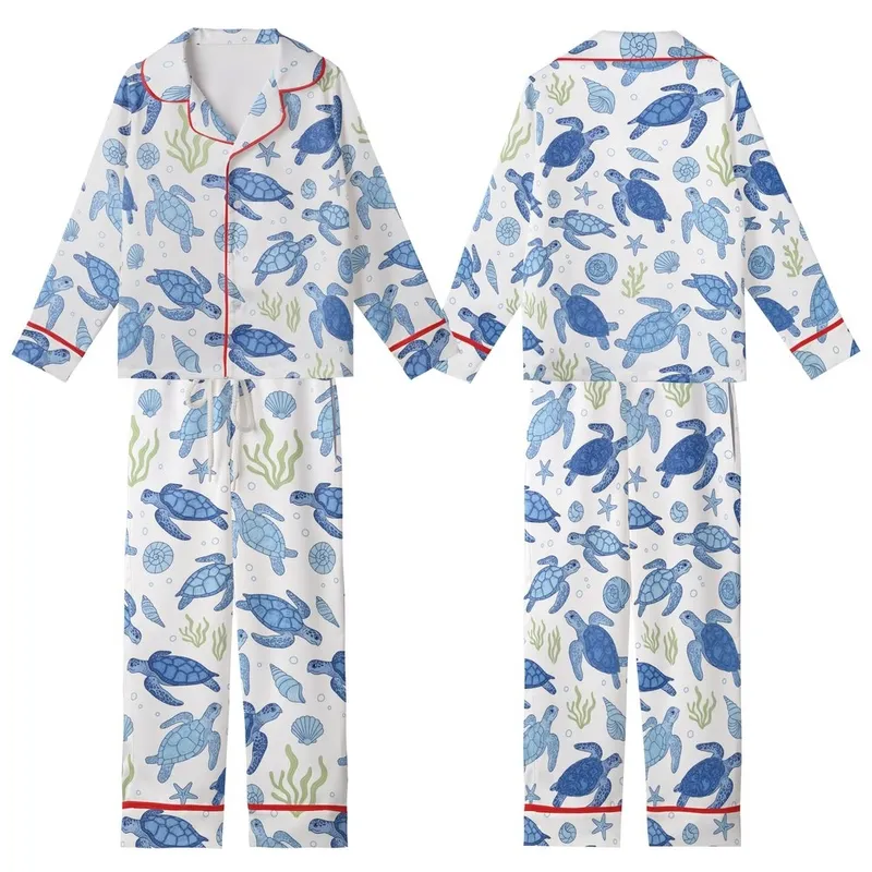 Ocean Lovers' Cerulean Blue Sea Turtle Hand-Drawn Marine Life Chartreuse Green Seamless Pattern Kid Satin Pajamas Set - 1