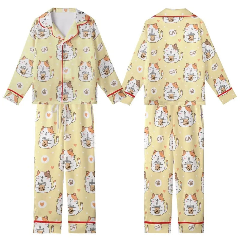Cat Lovers' Kawaii Calico Cat Boba Tea Pastel Yellow Polka Dot Pattern with Taupe Paw Prints Light Orange Hearts Kid Satin Pajamas Set - 1