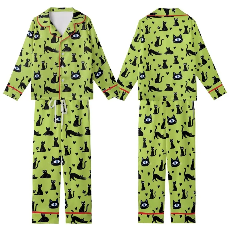 Cat Lovers' Vibrant Lime Green Black Cat Silhouette Heart Pattern with Blue Eye Detail Kid Satin Pajamas Set - 1