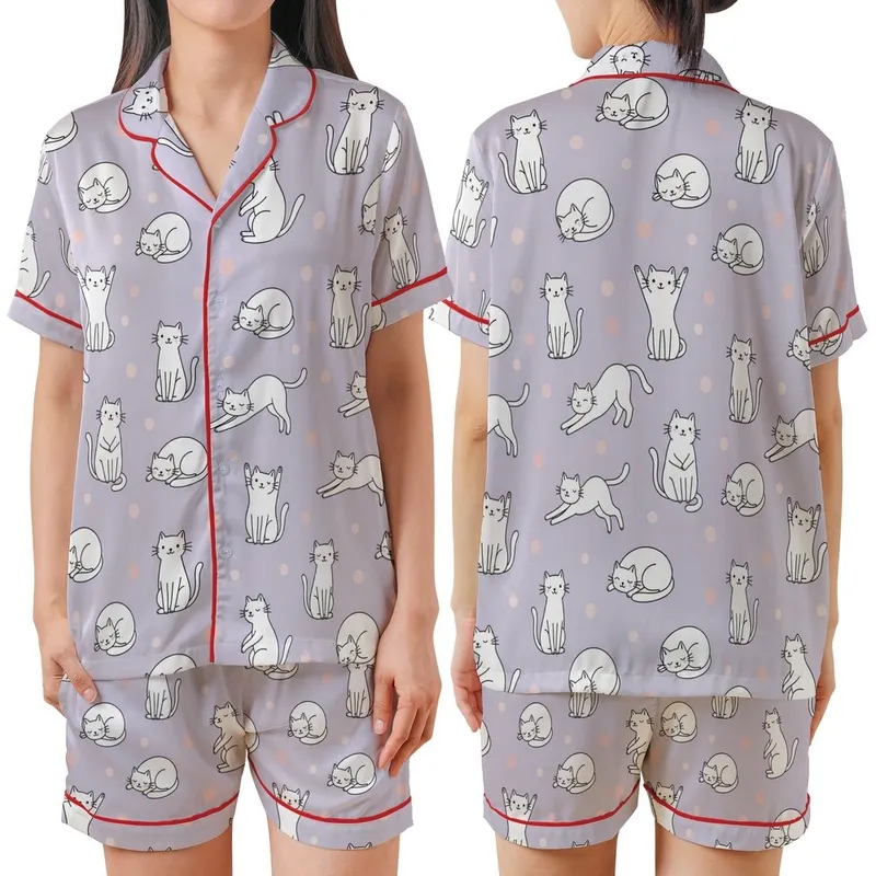 Cat Lovers' Whimsical Lavender Playful White Outline Cartoon Cat Pink Polka Dot Pattern Satin Short-Sleeve Pajamas Set - 1