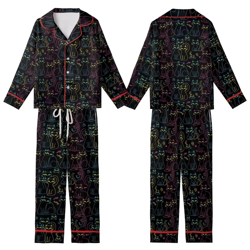 Cat Lovers' Dense Whimsical Black Cat Neon Green Pink Blue Yellow All-Over Graphic Pattern Kid Satin Pajamas Set - 1