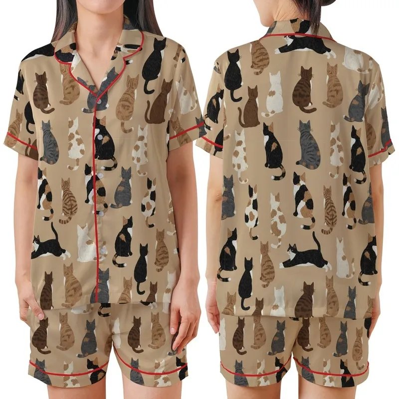 Cat Lovers' Warm Beige Seamless Pattern Diverse Rear-View Cats Calico Tabby Tuxedo Cream Black Gray Brown Fur Satin Short-Sleeve Pajamas Set - 1