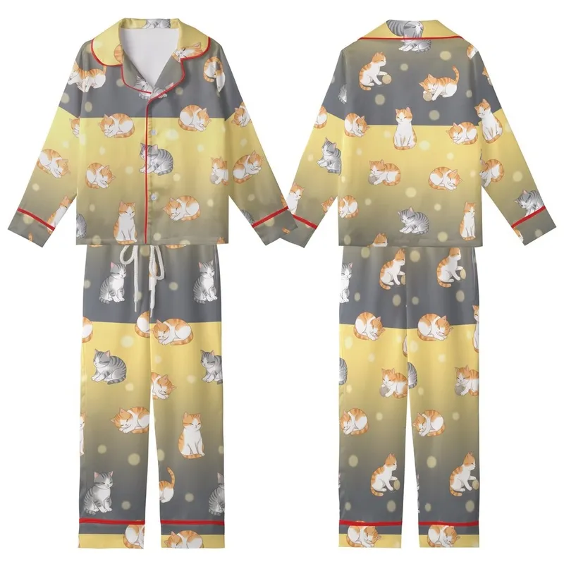 Cat Lovers' Adorable Illustrative Baby Kittens Ginger Grey White Playful Poses Yellow Orange Dreamy Circles Kid Satin Pajamas Set - 1