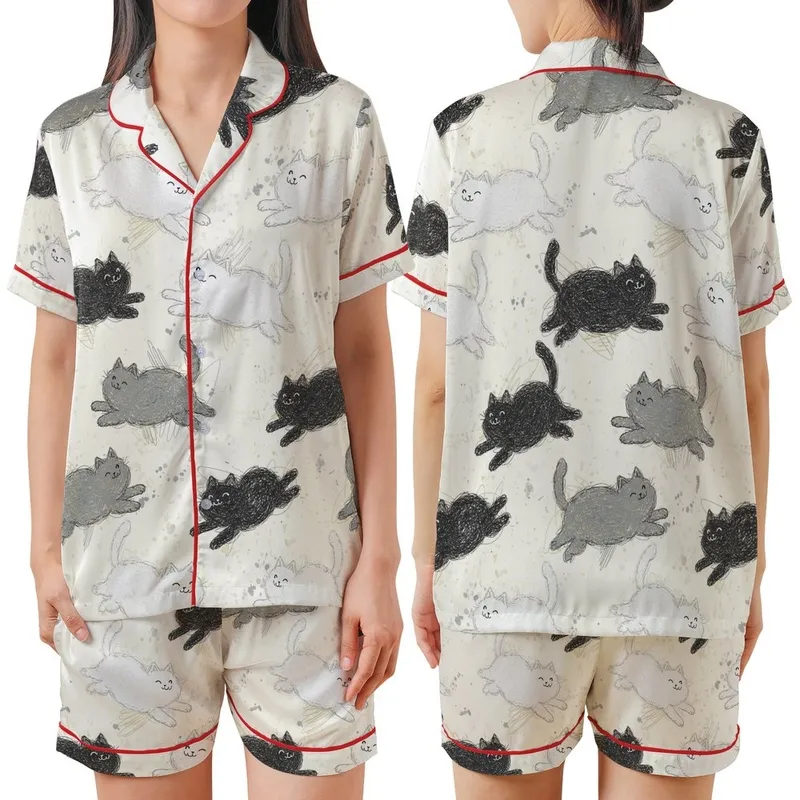 Cat Lovers' Whimsical Fluffy Happy Cats Sketchy Seamless Pattern Black White Grey Beige Distressed Satin Short-Sleeve Pajamas Set - 1