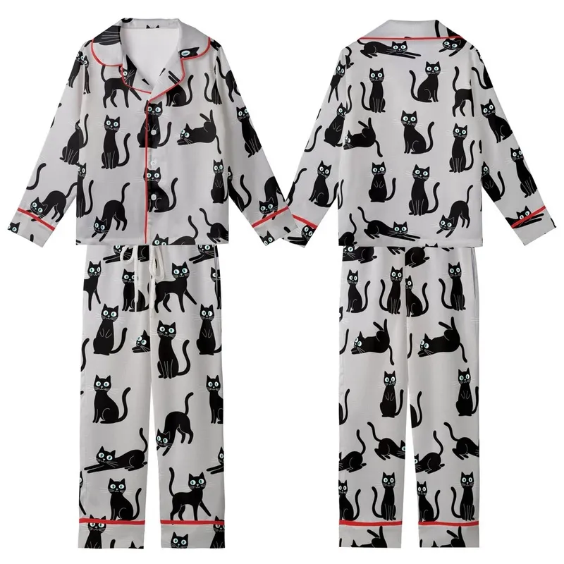 Cat Lovers' Whimsical Black Cat Pattern on Light Heather Gray, Playful Poses, White Eyes, Teal Pupils, Cartoon Style Kid Satin Pajamas Set - 1
