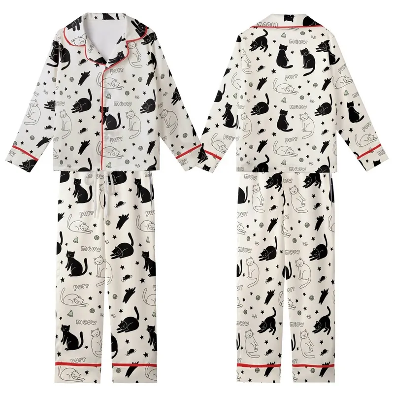 Cat Lovers' Whimsical Hand-Drawn Black Doodle Cats Soft Cream Seamless Pattern, Stars, Fishbones, Yarn, Meow Purr Kid Satin Pajamas Set - 1