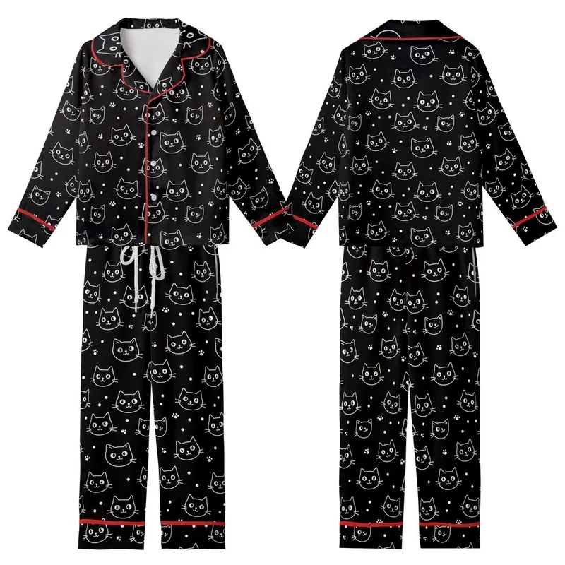 Cat Lovers' Playful Cartoon Cat Face Silhouette Seamless Pattern Black White Lavender Accents Illustrative Vector Art Kid Satin Pajamas Set - 1