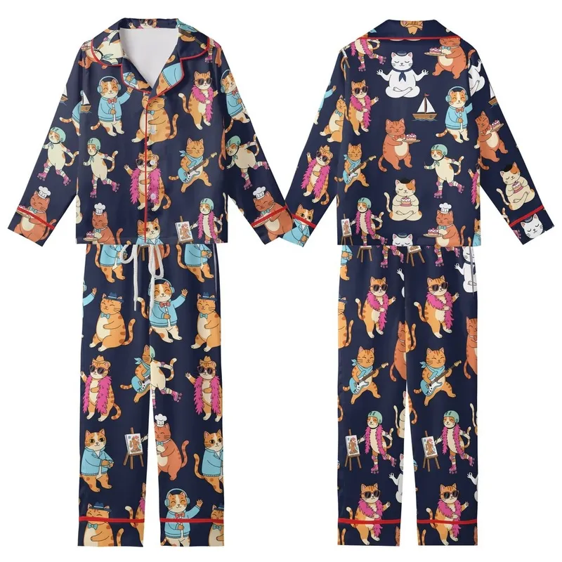 Cat Lovers' Whimsical Cartoon Cat Ensemble Playing Music Baking Sailing DJing on Deep Navy Kid Satin Pajamas Set - 1