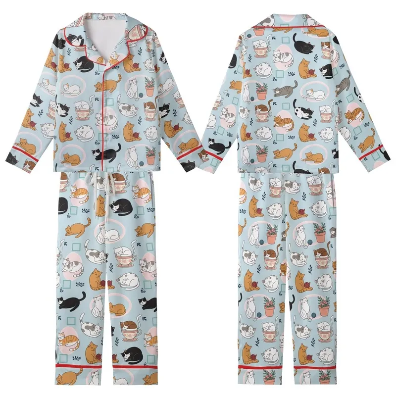 Cat Lovers' Whimsical Illustrative Cat Pattern, Powder Blue, Ginger Tabby Mixed Cats, Pastel Pink Teal Accents Kid Satin Pajamas Set - 1
