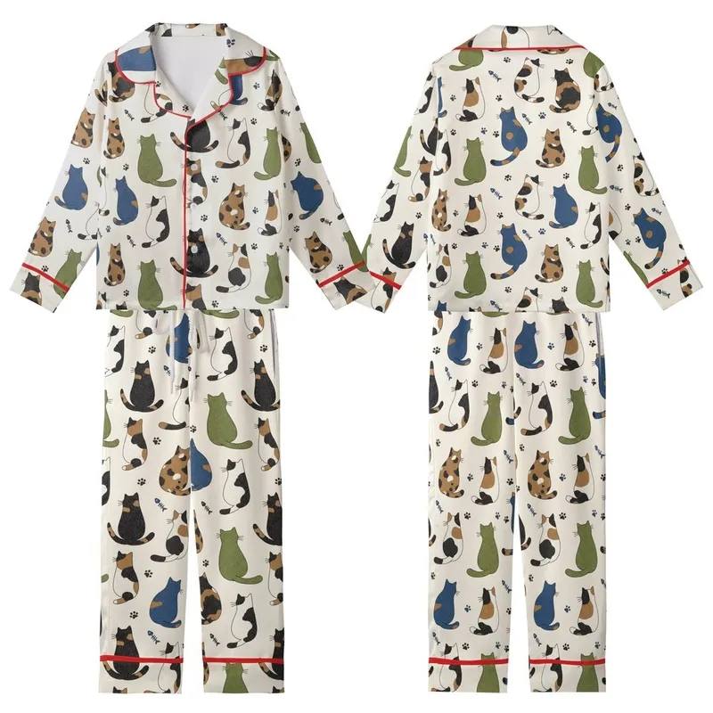 Cat Lovers' Whimsical Hand-Drawn Cats Light Cream Muted Blue Green Black Scattered Feline Pattern Kid Satin Pajamas Set - 1