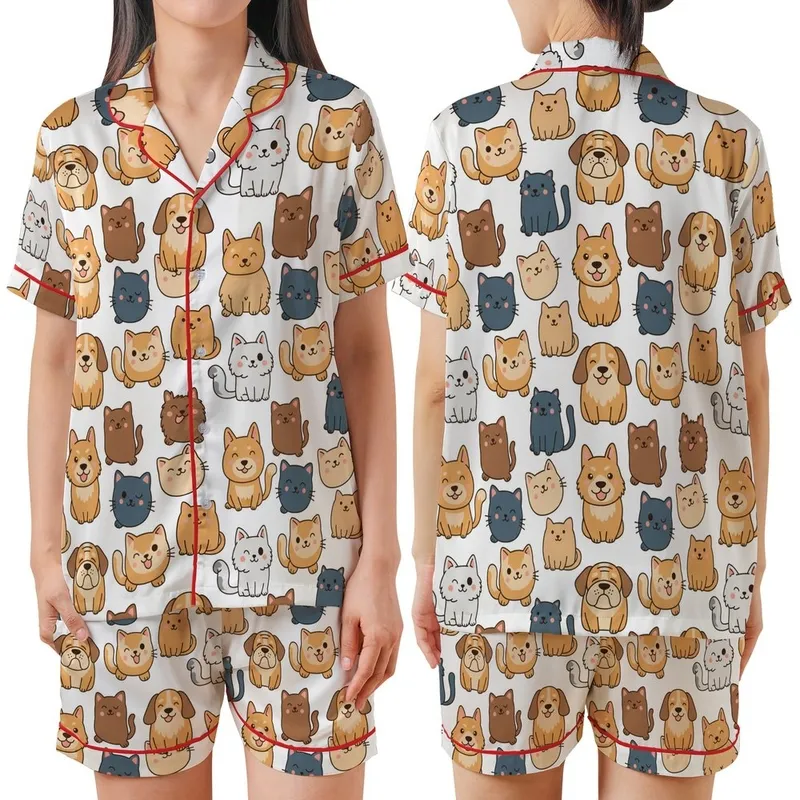 Pet Lovers' Whimsical White Orange Tan Brown Slate Blue Cartoon Cat Dog Seamless Pattern Satin Short-Sleeve Pajamas Set - 1
