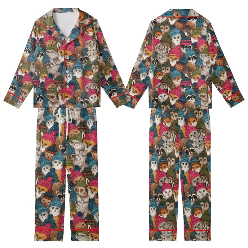 Animal Lovers' All-Over Whimsical Winter Cats Foxes Owls Colorful Knitted Beanie Pattern Kid Satin Pajamas Set - 1