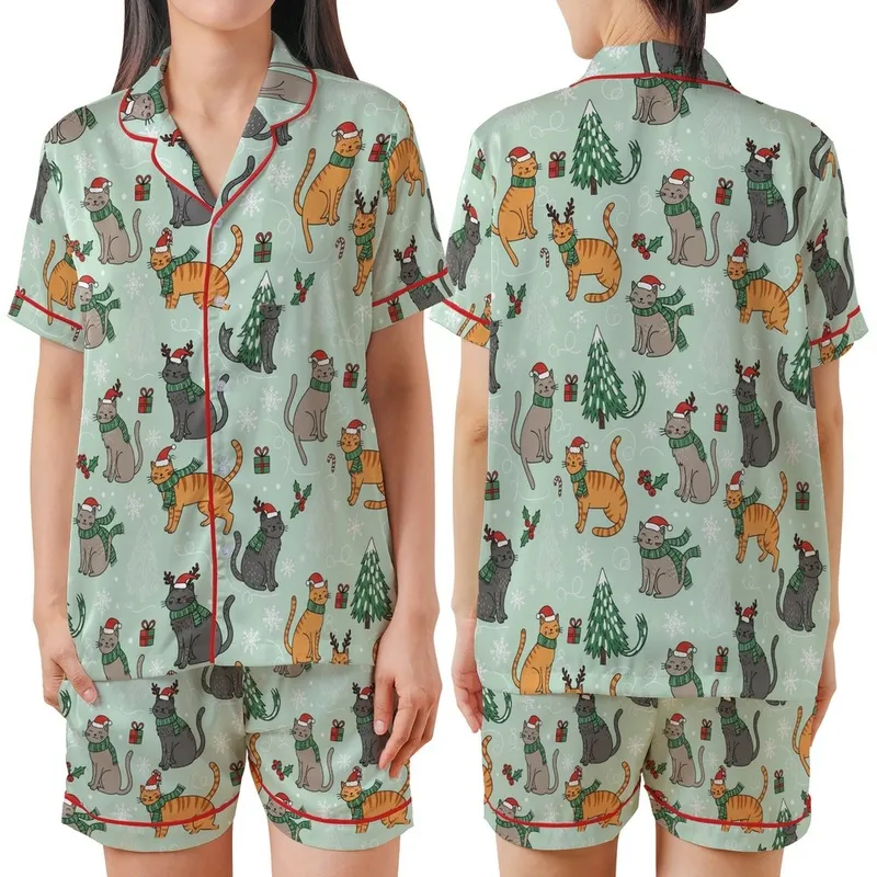 Festive Cat Lovers' Whimsical Mint Green Christmas Cats Pattern with Red Santa Hats & Holly Satin Short-Sleeve Pajamas Set - 1