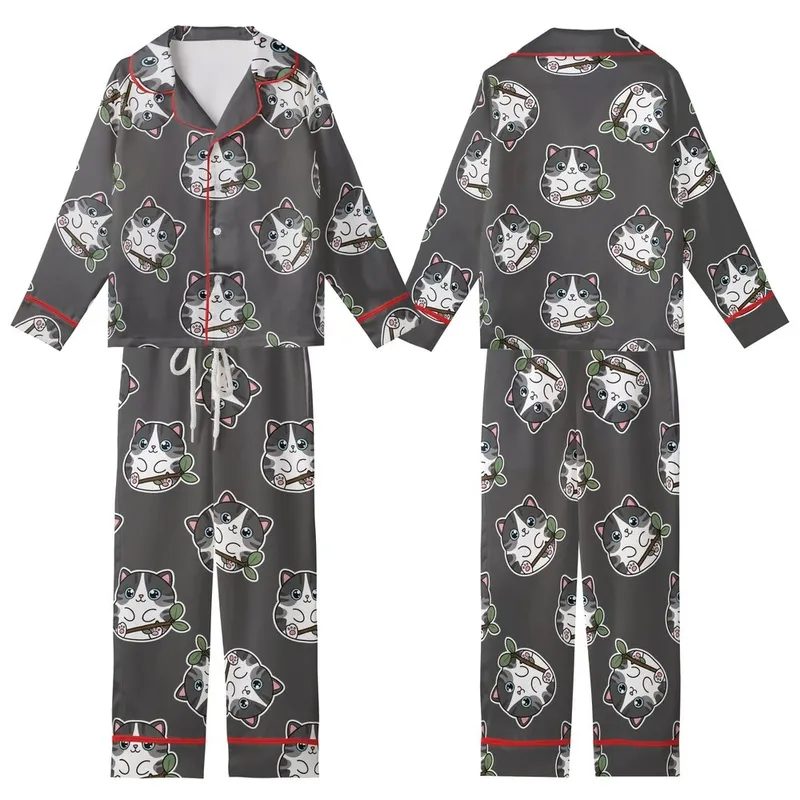 Cat Lovers' Whimsical Black White Grey Tabby Kitten Pattern with Sky Blue Eyes Holding Green Leaf Branch on Charcoal Kid Satin Pajamas Set - 1