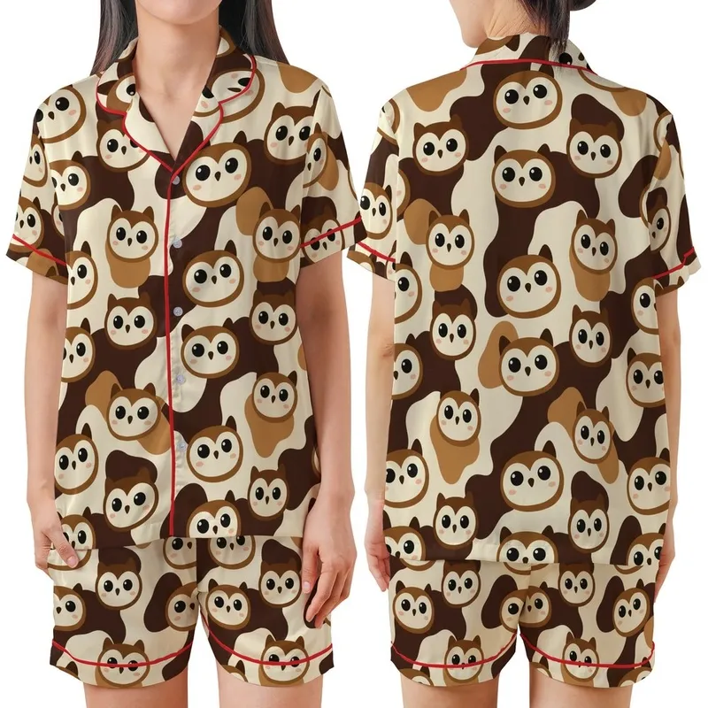 Whimsical Style Fans' Adorable Cream Brown Owl Face Seamless Pattern Plush Flat Cartoon Style Satin Short-Sleeve Pajamas Set - 1