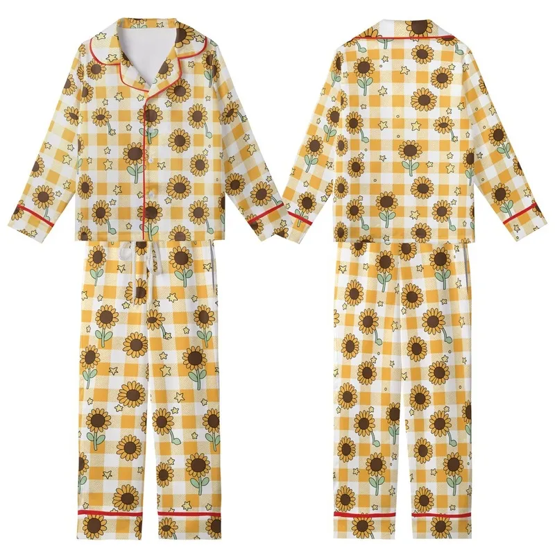 Nature Lovers' Whimsical Orange Yellow Gingham Sunflowers Pastel Green Stems Tiny Yellow Stars Kid Satin Pajamas Set - 1