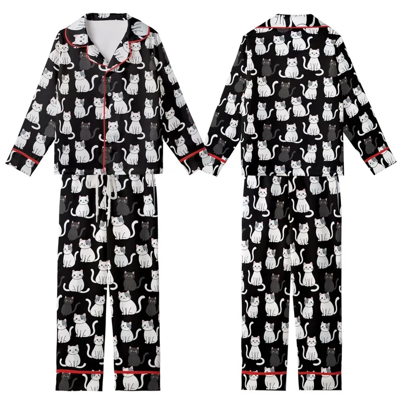 Cat Lovers' Whimsical Black White Grey Cartoon Cats Seamless Playful Pattern Kid Satin Pajamas Set - 1