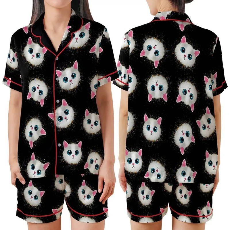 Cat Lovers' Illustrative Grunge Curious Cat Faces Blue Eyed Scattered Pattern Colorful Paint Splatters Black Satin Short-Sleeve Pajamas Set - 1