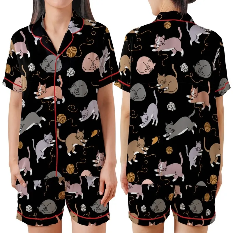 Cat Lovers' Whimsical Black Playful Hand-Drawn Cartoon Cats Seamless Pattern with Muted Greys Pink Lavender & Orange Accents Satin Short-Sleeve Pajamas Set - 1