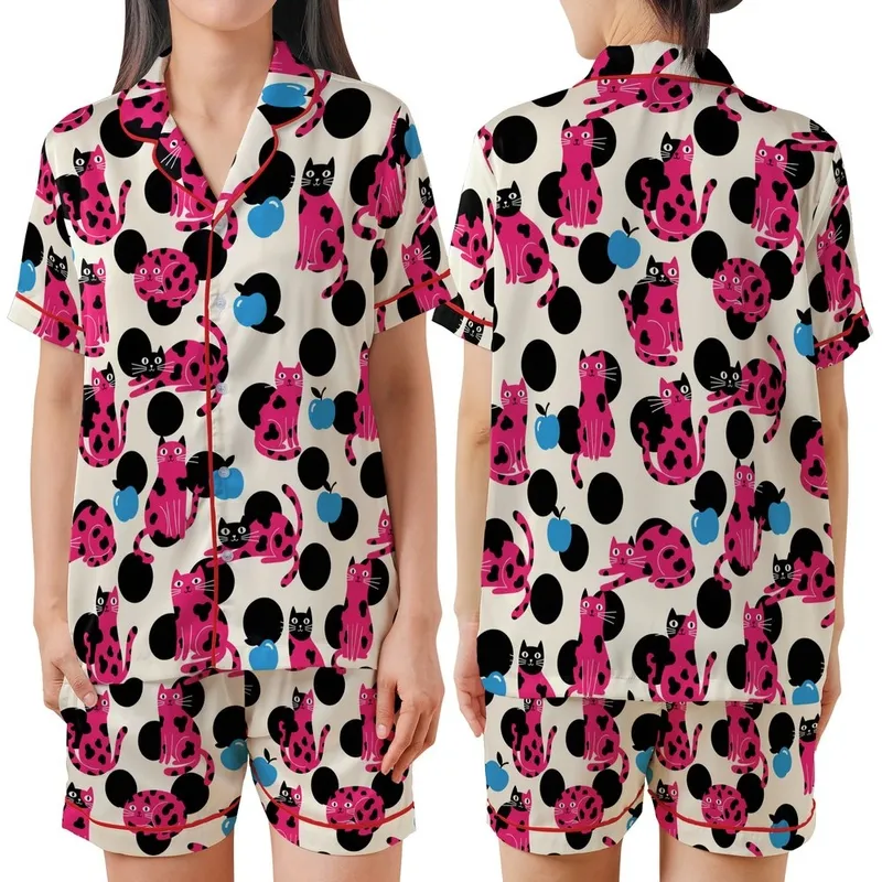 Cat Lovers' Whimsical Cream Hot Pink Flat Color Cartoon Cats Blue Apples Polka Dots Pattern Satin Short-Sleeve Pajamas Set - 1